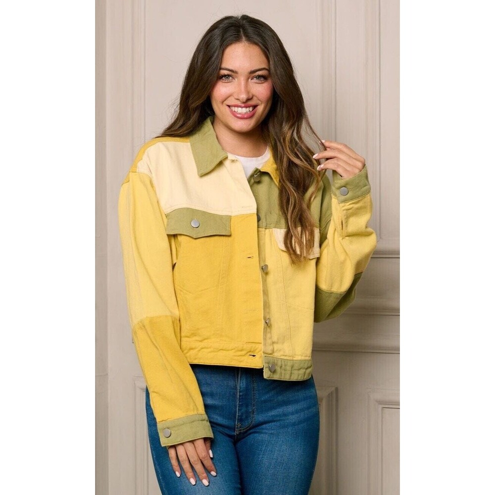 Women's Color Block Denim Jacket Size L Mustard Olive Button Front Jean Jacket